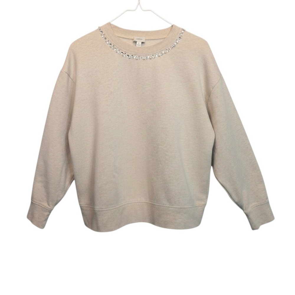 J.Crew‎ Factory Sweatshirt Womens M Beige Beaded Rhinestone Pearl Embellished
